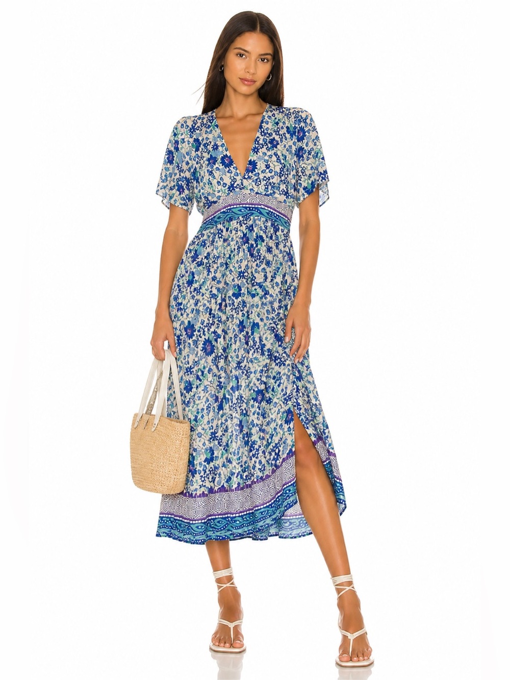 Zara Blue Floral Boho Midi Dress Empire Waist Short Sleeve